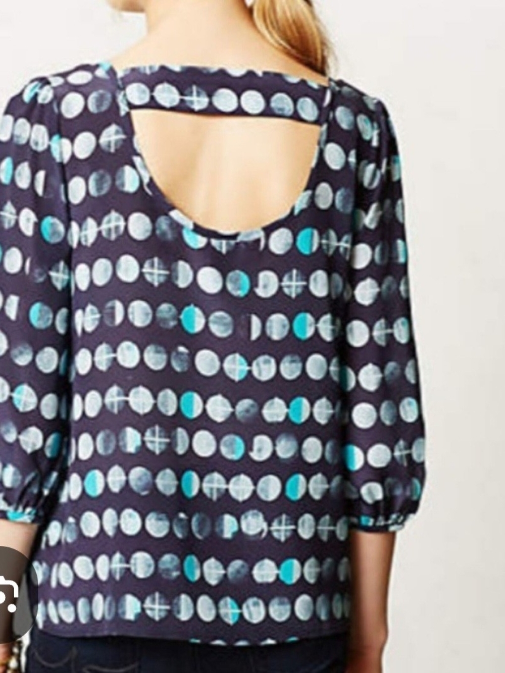 Anthropologie 100% Silk Navy Polka-Dot Open-Back Blouse Medium
